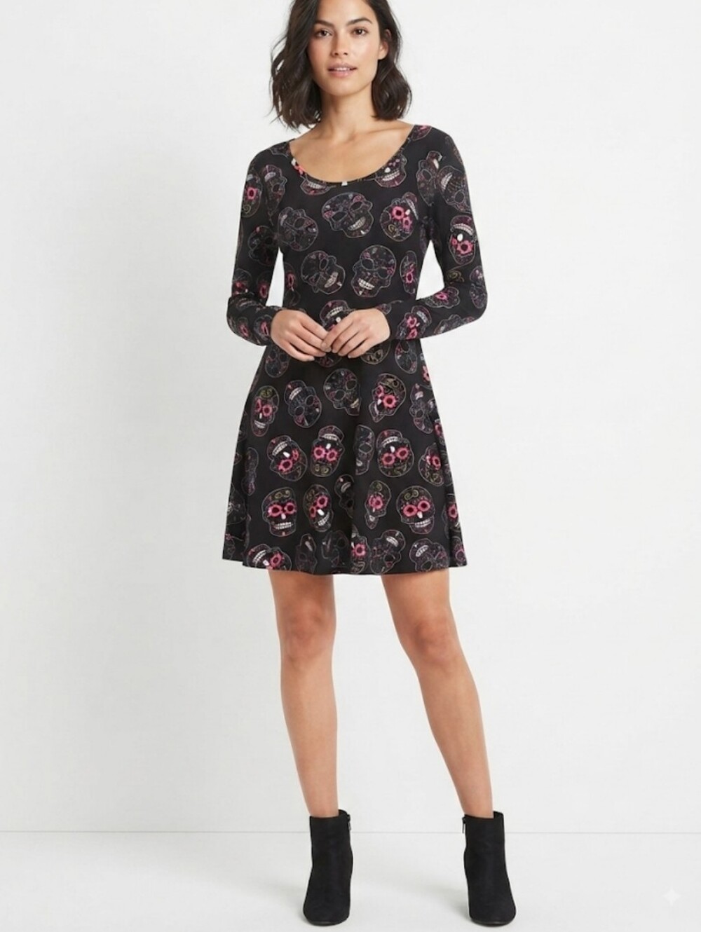 No Comment NY-LA Sugar Skull Halloween Skater Dress Size Large Black Long Sleeve